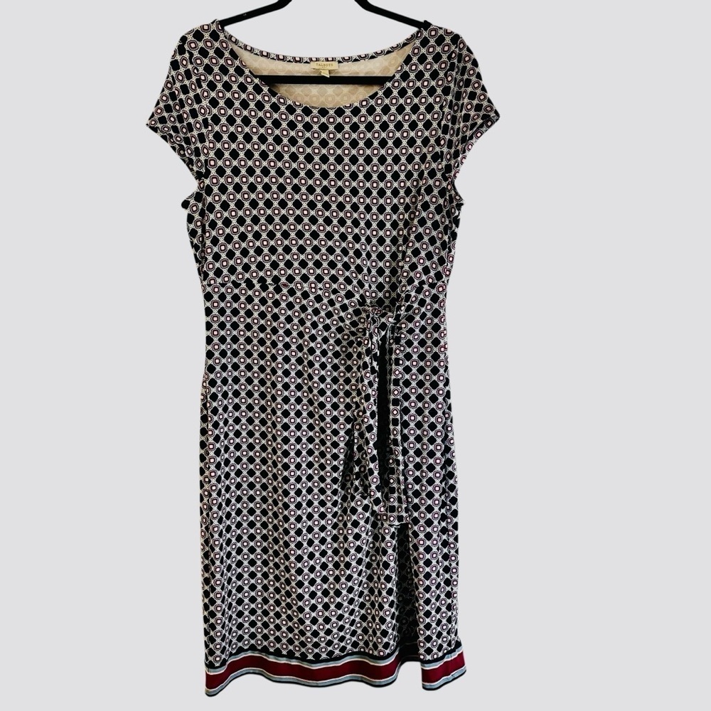 Talbots geometric print tie front dress with striped hem stretchy comfy
